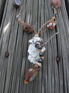 Rough agate, howlite, labradorite, wood, leather, sterling silver necklace
