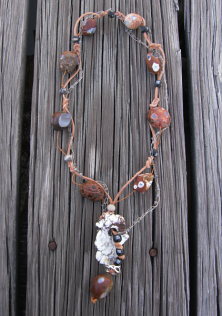 Rough agate, howlite, labradorite, wood, leather, sterling silver necklace