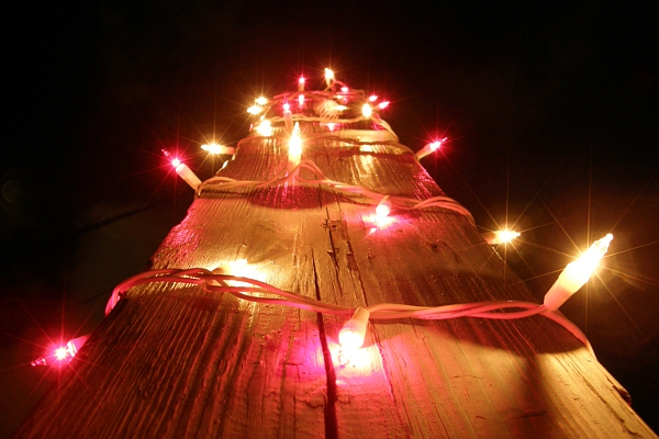 Dock piling wrapped in red and white Christmas lights