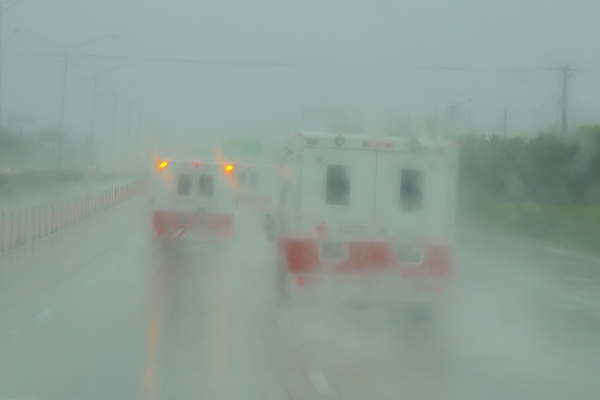 American Red Cross disaster relief vehicles headed south on I95 during tropical storm Isaac