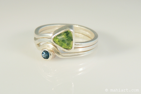 Sterling silver, peridot and sapphire stacking rings