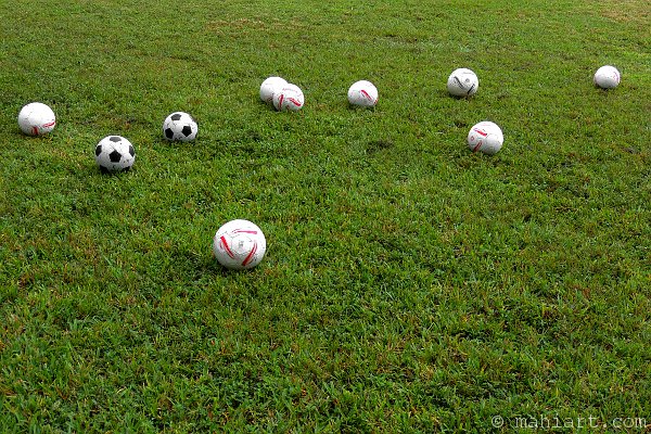 Group of soccer balls on grassy field