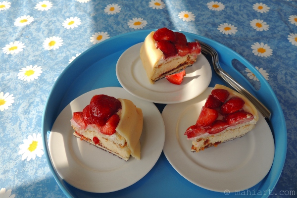 Three slices of beautiful strawberry cake