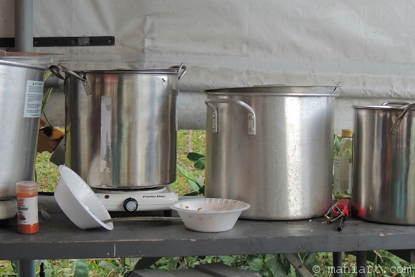 Large pots on hot plates on table with scattered bowls and spices