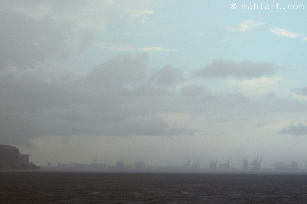 View of Brickell and the Port of Miami in a summer downpour