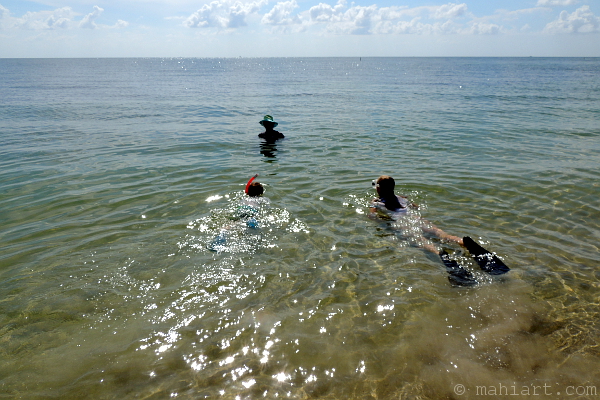 Three people in the water at Key Biscayne, snorkeling and swimming