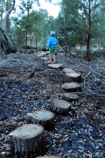 Boy walking on walkway made of chopped tree logs 