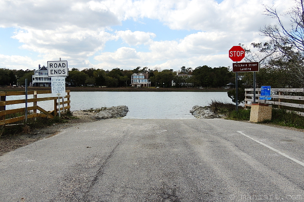 Boat ramp at Pawleys Island with Road Ends and Stop signs.