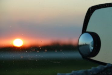 Driving north at sunset.